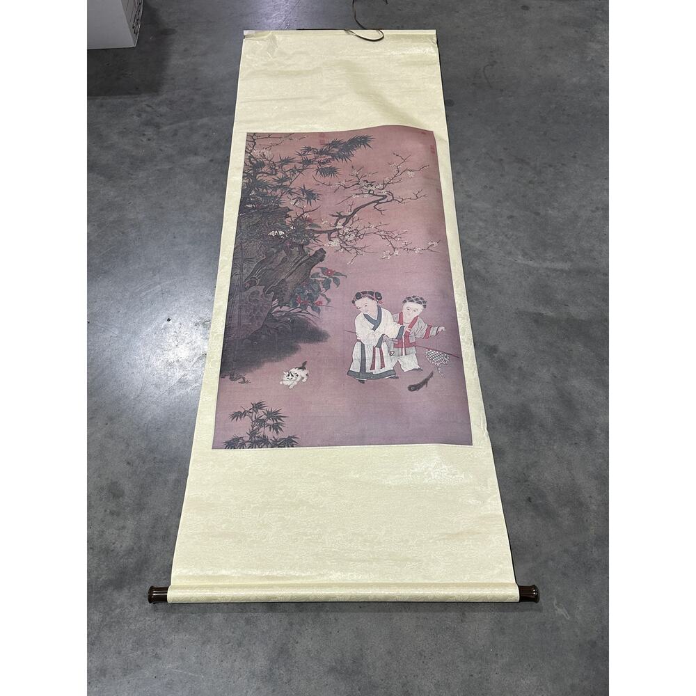 Japanese, Hanging Scroll, Kids With Cat, Kakejiku, Wall Hanging, ~ 251120-WH 356